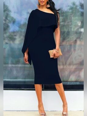 GOBLES Women's Elegant Asymmetrical 1 Shoulder Cape Bodycon  Cocktail Midi Dress